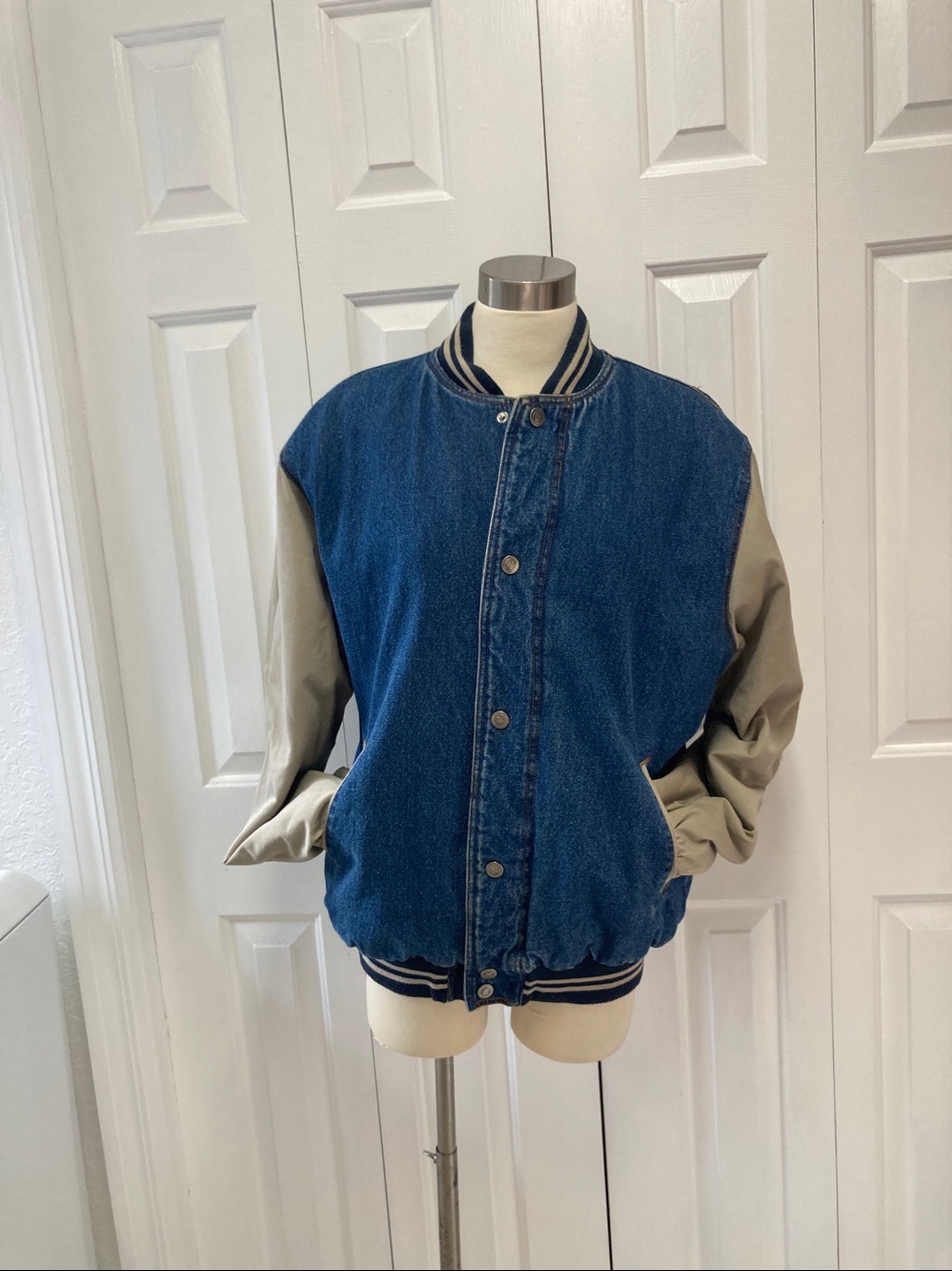 Vintage Blue Denim Bomber Jacket with Tan Sleeves - Picture 2 of 14